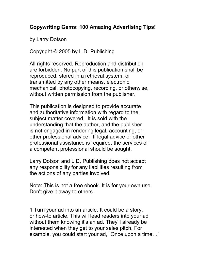 eBook: Copywriting Gems - 100 Proven Advertising Tips for Success