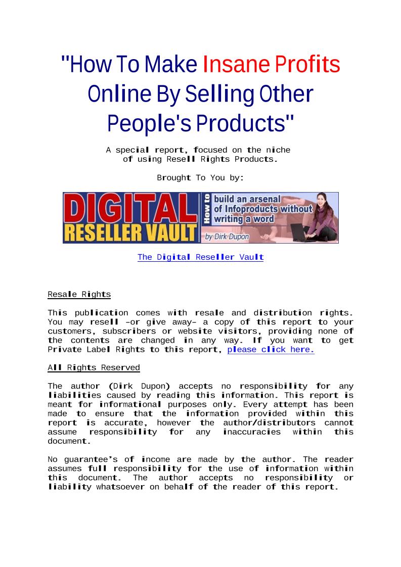 eBook: Unlock Insane Online Profits Selling Resell Rights Products