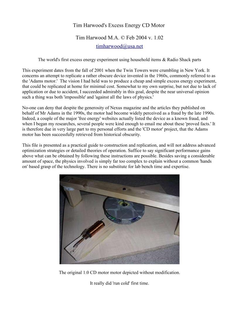 Discover the eBook on Tim Harwood's Excess Energy CD Motor