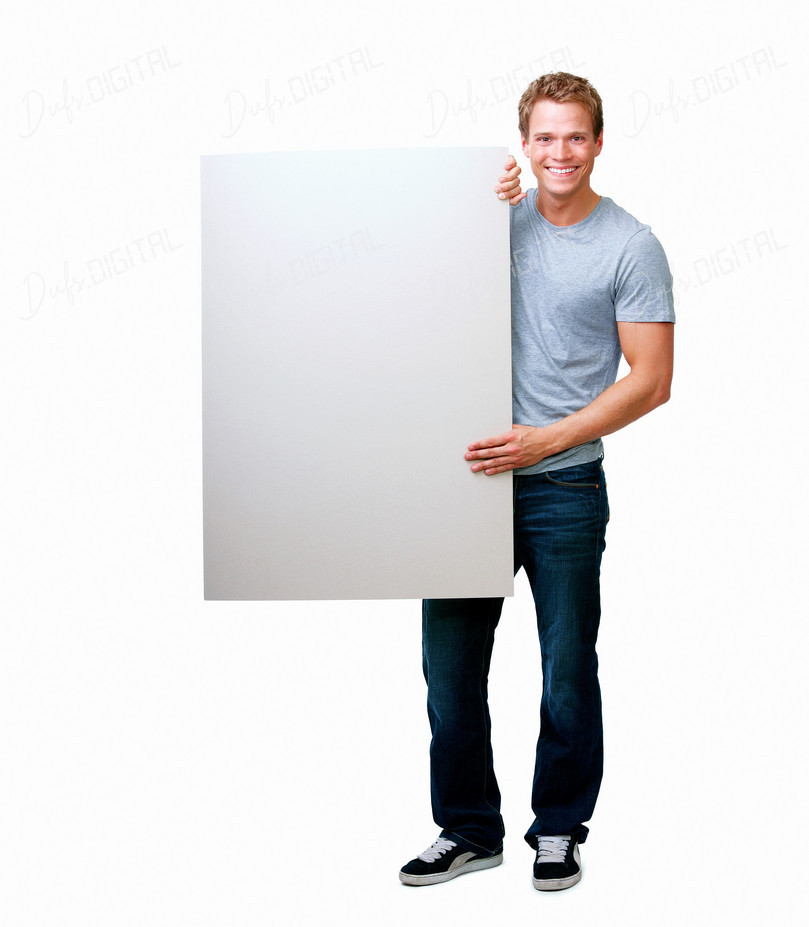 Smiling Man with Blank Sign