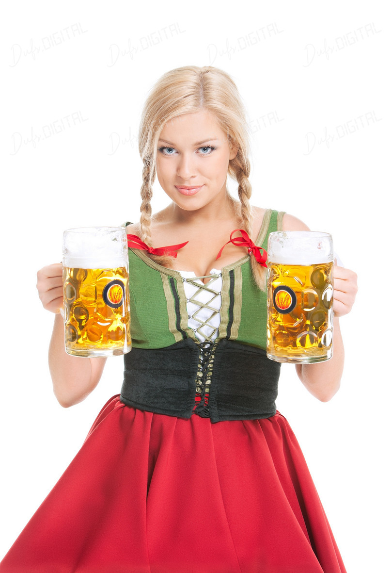 Woman Holding Beer Steins