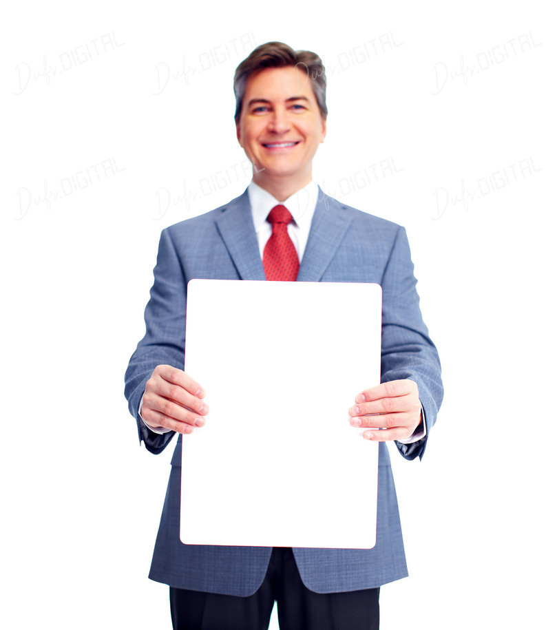Smiling Businessman Holding Sign