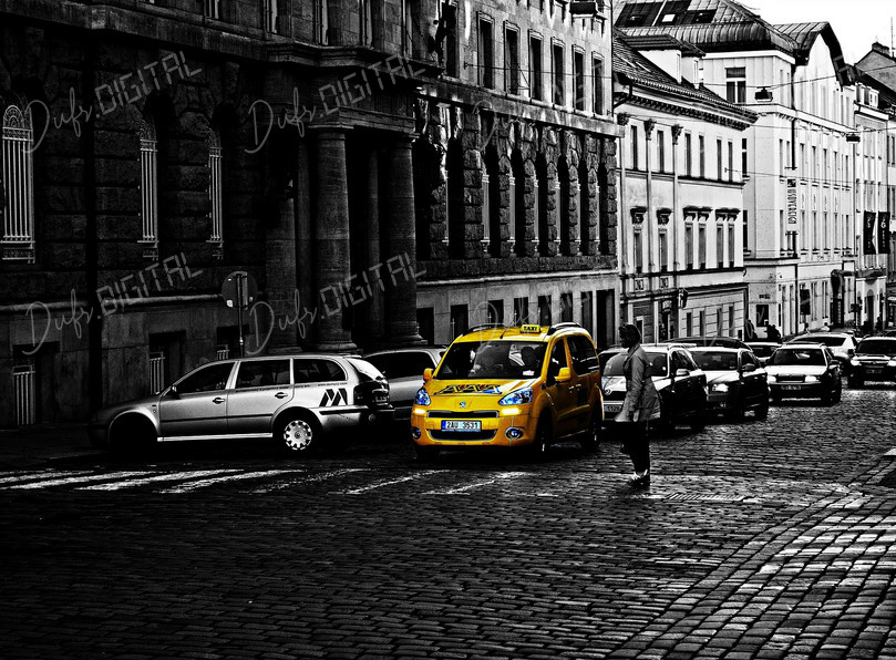 City Street with Taxi